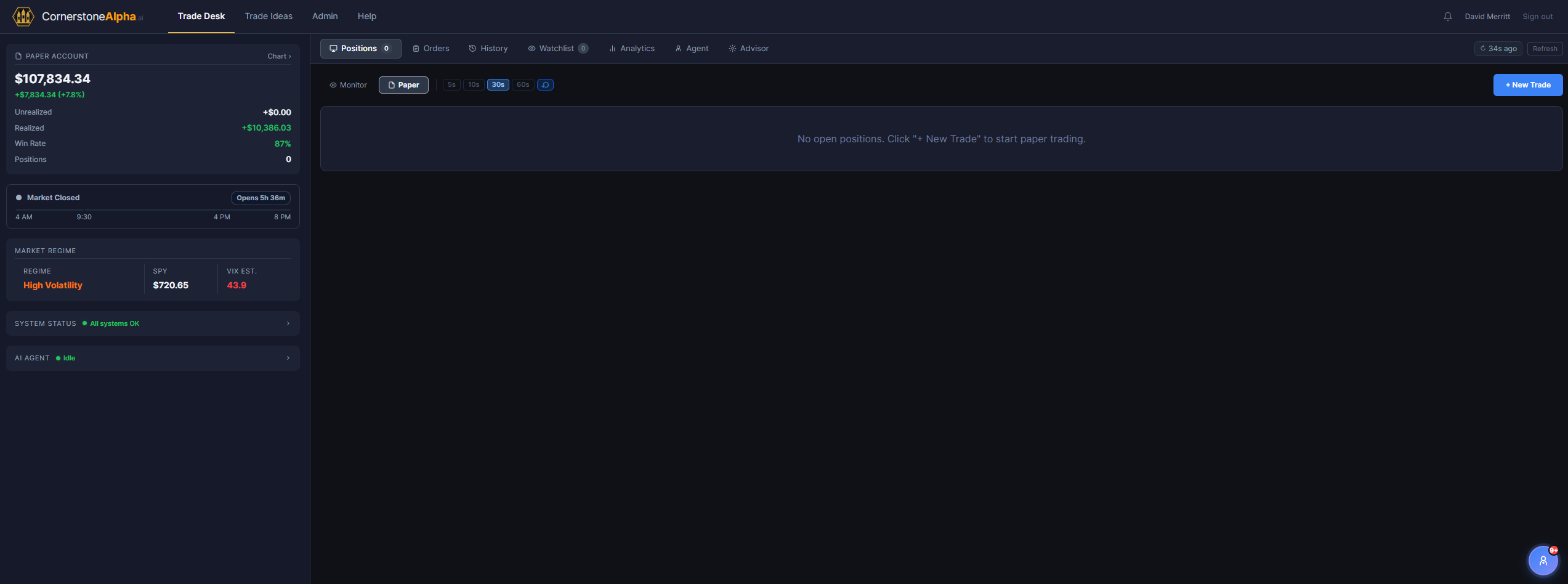 Cornerstone Alpha Trade Desk — positions view with AI grading and portfolio Greeks